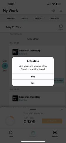 Check In - Action confirmation pop-up