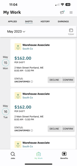 My Work - Shifts - Unconfirmed Shifts